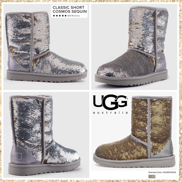 UGG Classic Short Cosmo Sequin Silver & Gold Boots - Picture 6 of 13